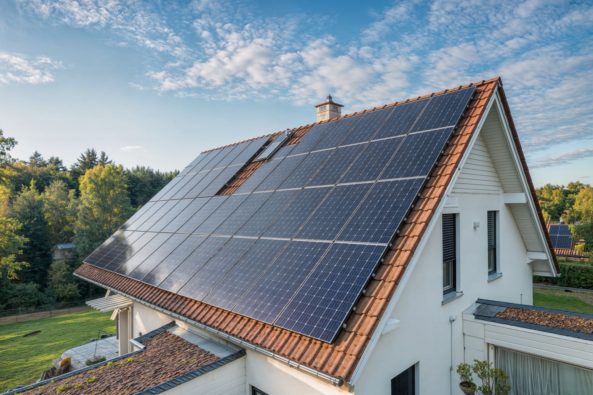 Des panneaux solaires installés sur le toit d'une maison, sous un ciel bleu parsemé de nuages.