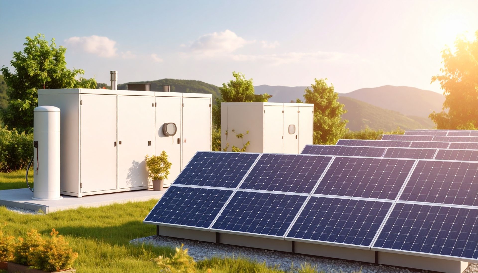 Des panneaux solaires alimentent des unités de stockage d'énergie.