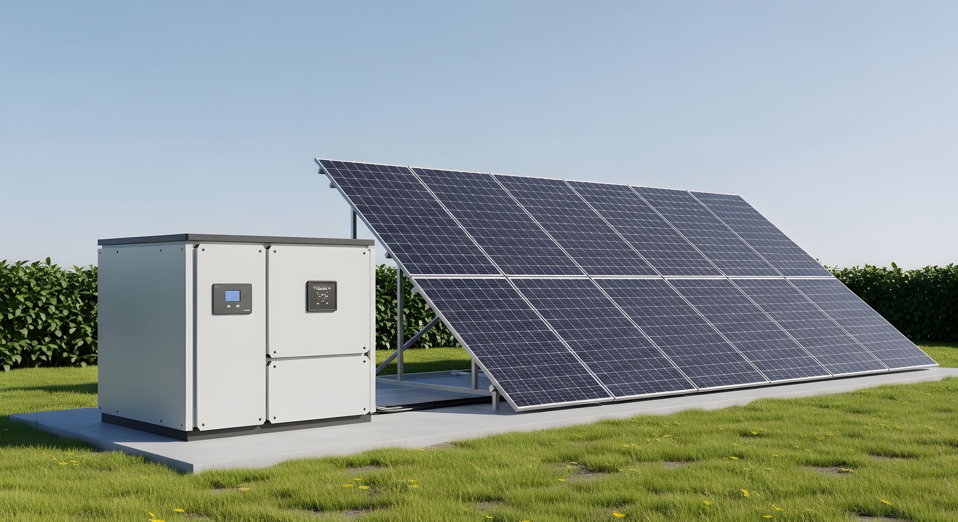 Panneaux solaires avec boîtier électrique adjacent, dans un champ herbeux.