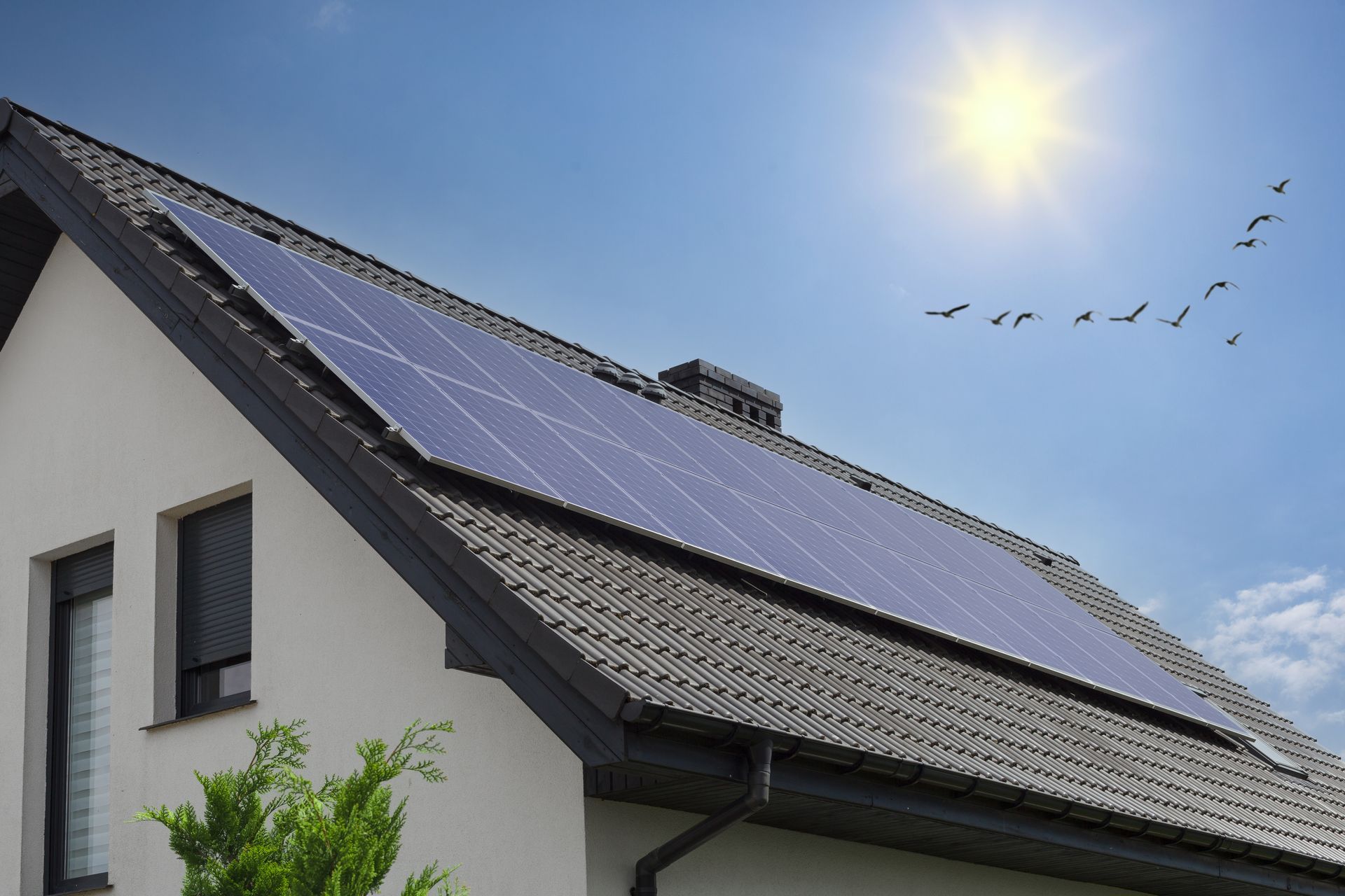 Des panneaux solaires sur le toit d'une maison, sous un soleil radieux et un ciel bleu, avec des oiseaux qui volent.