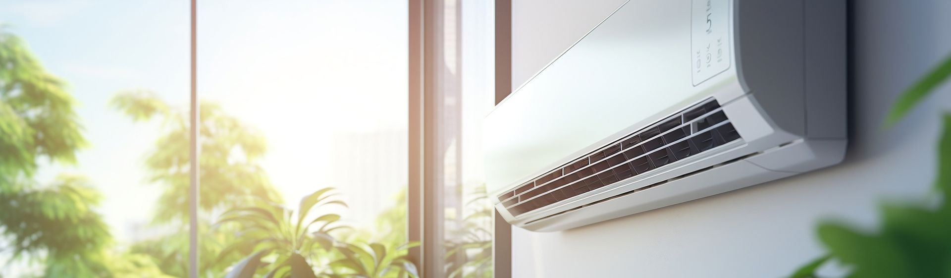 Un climatiseur sur un mur blanc, à côté d'une grande fenêtre donnant sur de la végétation.