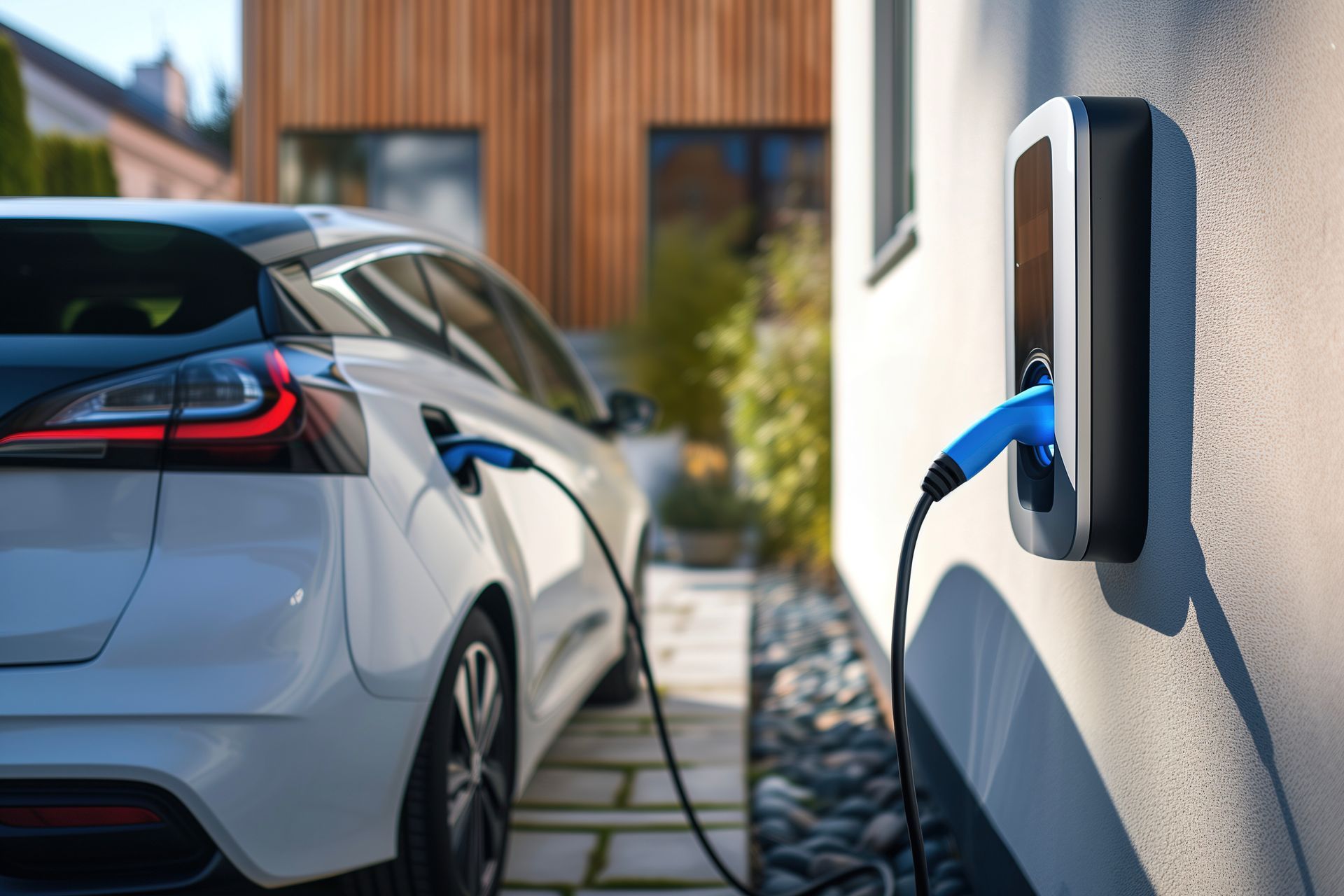 Véhicule électrique blanc en charge à une borne de recharge domestique.
