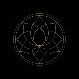 Abstraktes goldenes geometrisches Mandala auf schwarzem Hintergrund mit konzentrischen Kreisen und geschwungenen Linien