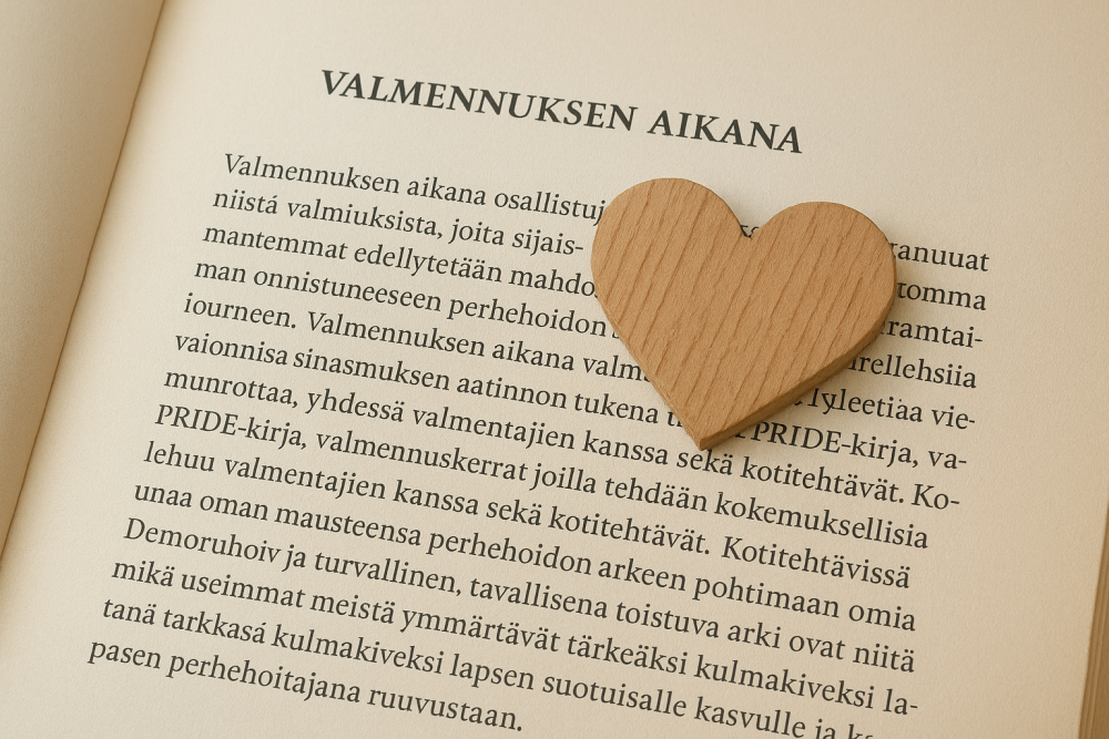 Puinen sydän lepää avoimella kirjan sivulla, jossa on suomenkielinen teksti 