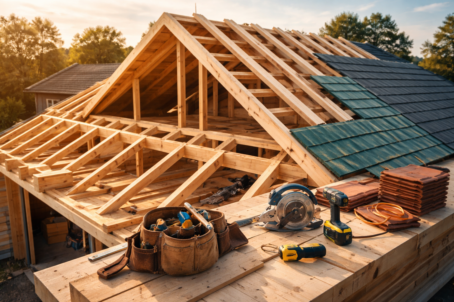 Travaux de toiture en cours : charpente en bois, outils et tuiles visibles.