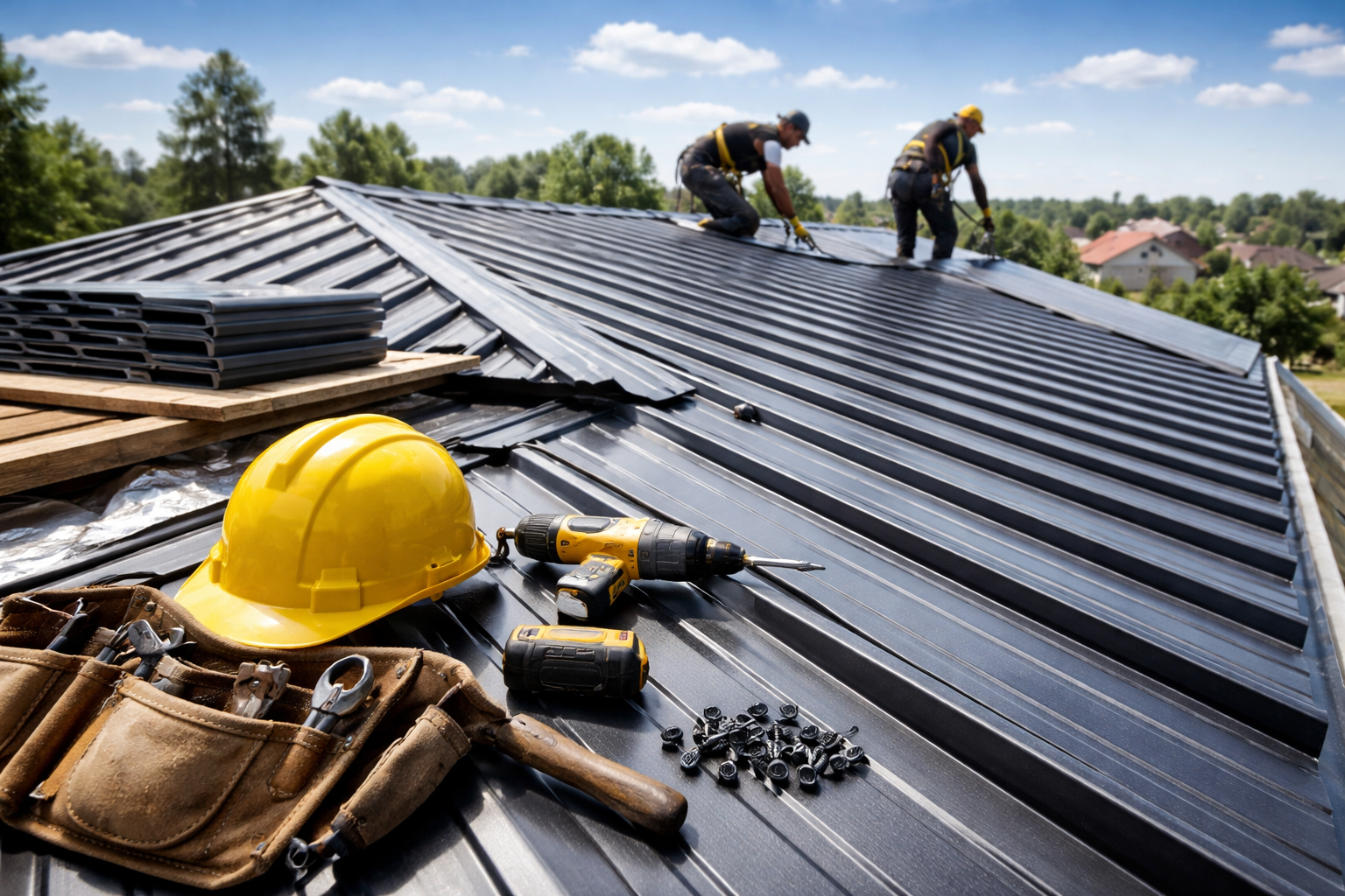Deux couvreurs installent une toiture métallique noire ; outils et casque de chantier au premier plan.
