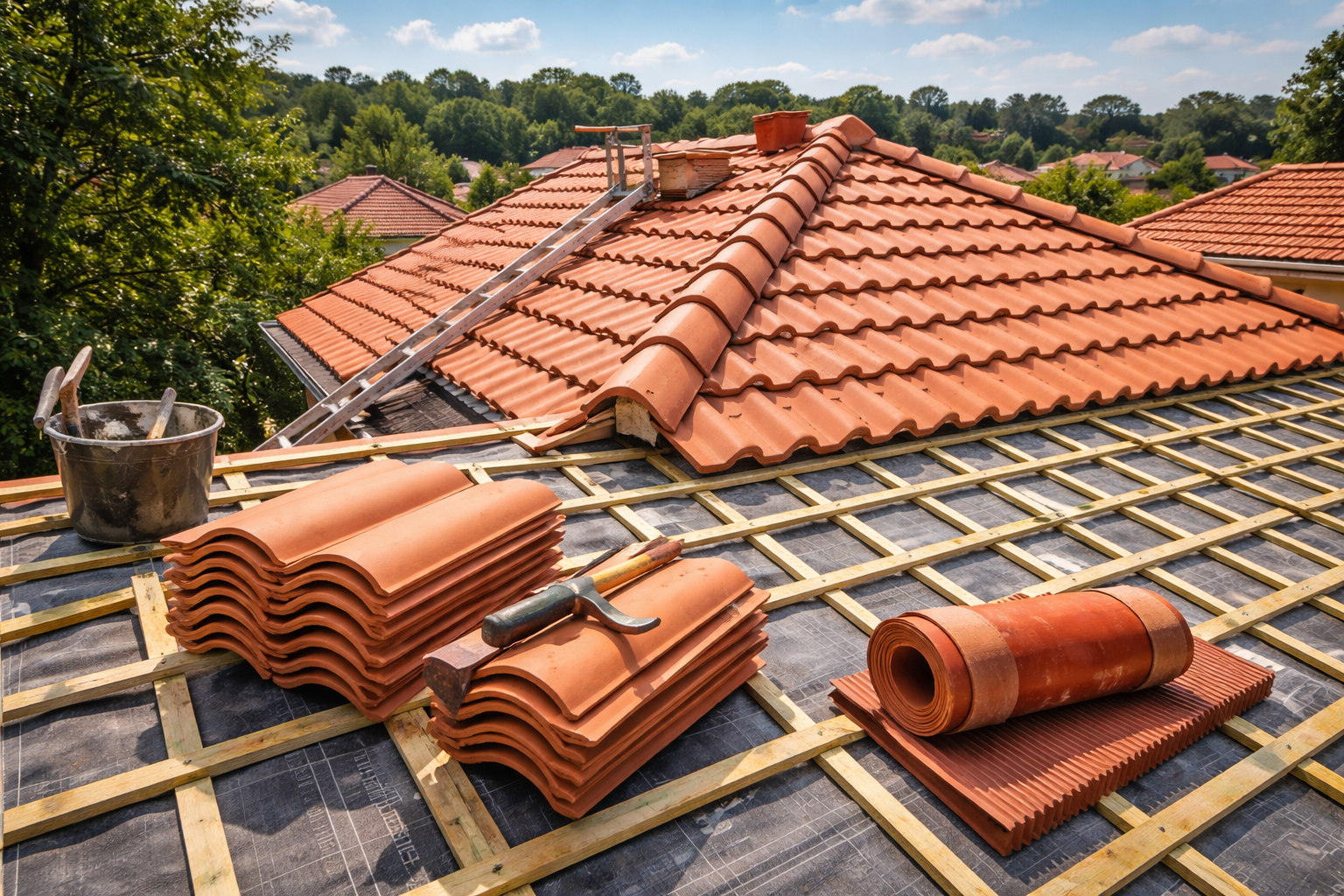 Toiture recouverte de tuiles en terre cuite orange, de lattes.