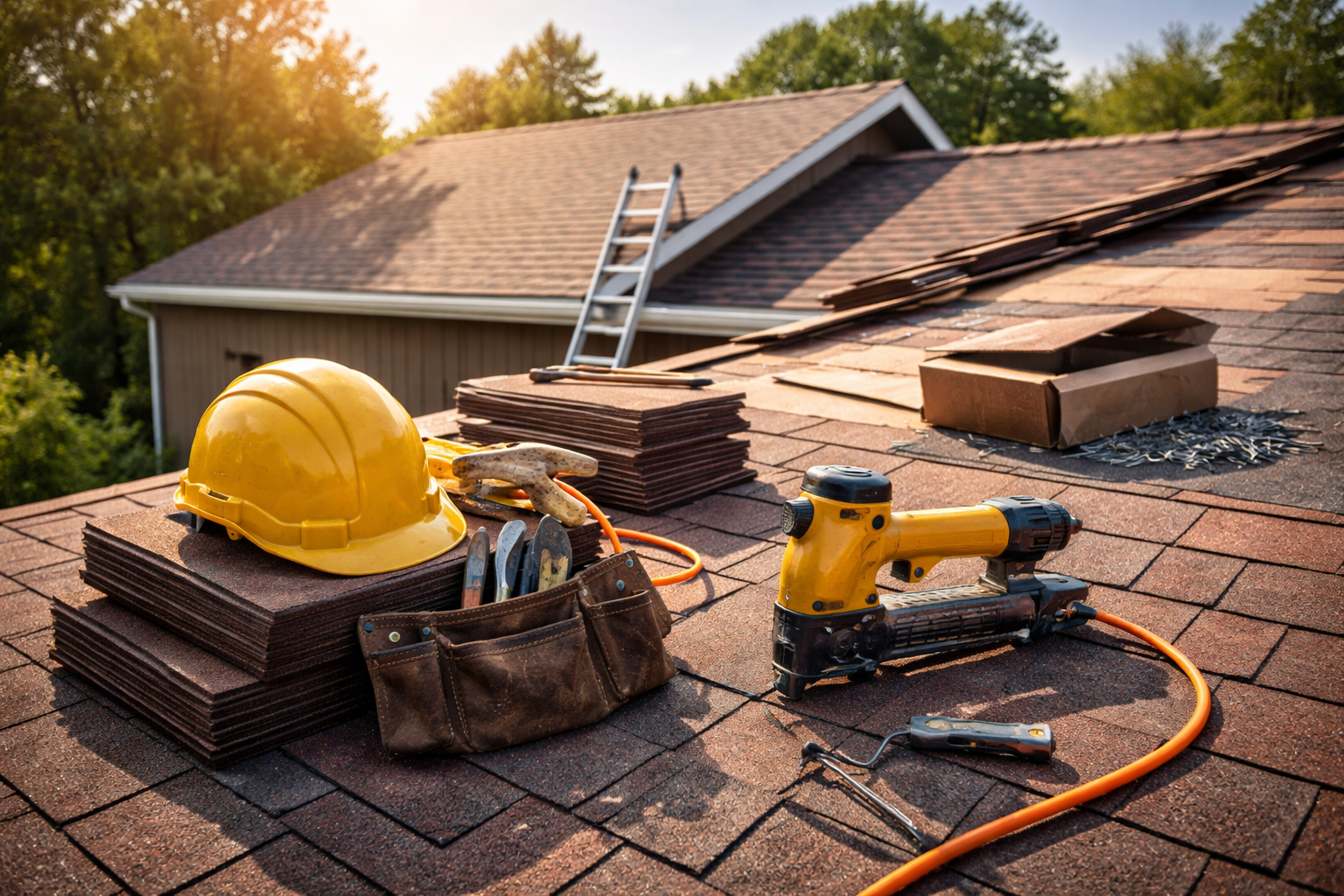 Outils de couvreur sur un toit partiellement recouvert de bardeaux : casque de chantier.