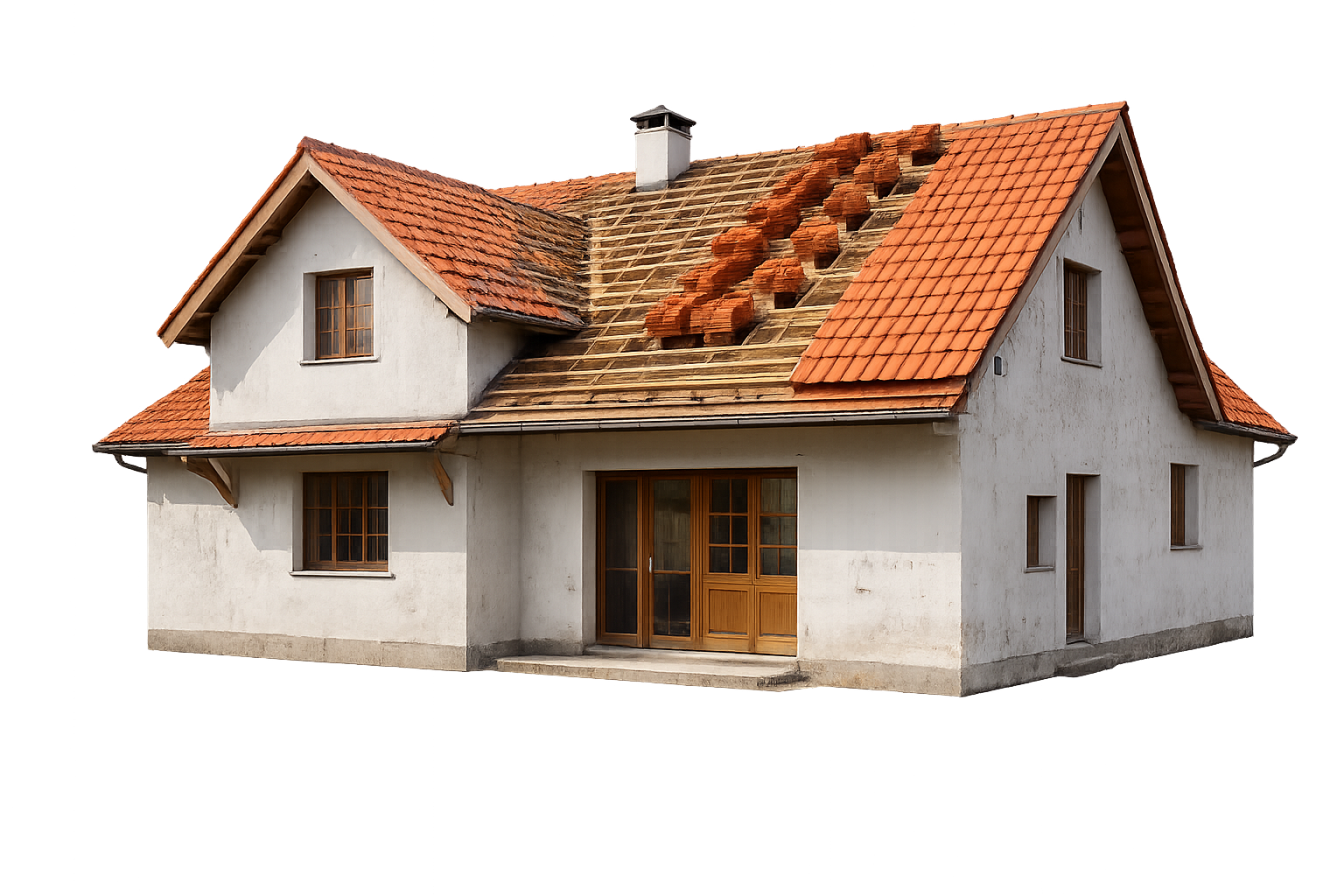 Maison au toit de tuiles rouges, dont certaines sont manquantes, aux murs clairs et aux portes en bois.