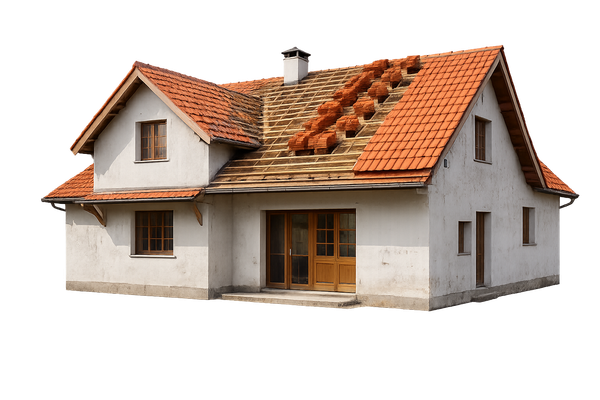 Maison au toit de tuiles rouges, dont certaines sont manquantes, aux murs clairs et aux portes en bois.