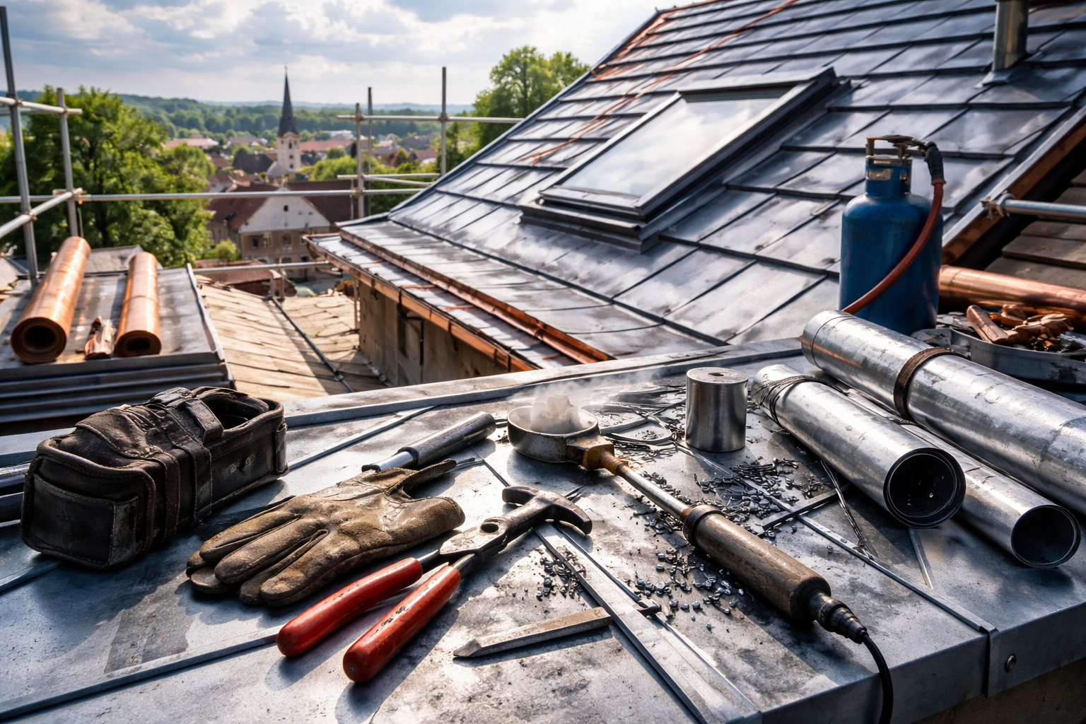 Outils de couverture sur un toit en métal, avec un paysage urbain en arrière-plan.