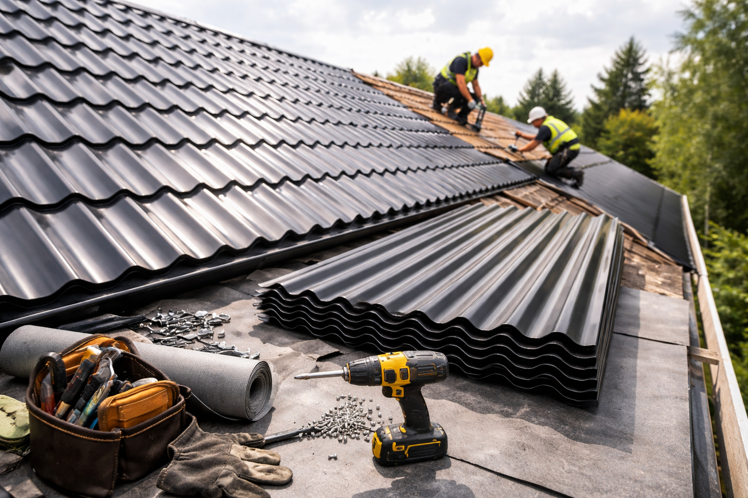 Des couvreurs posent des tuiles métalliques noires sur une maison.