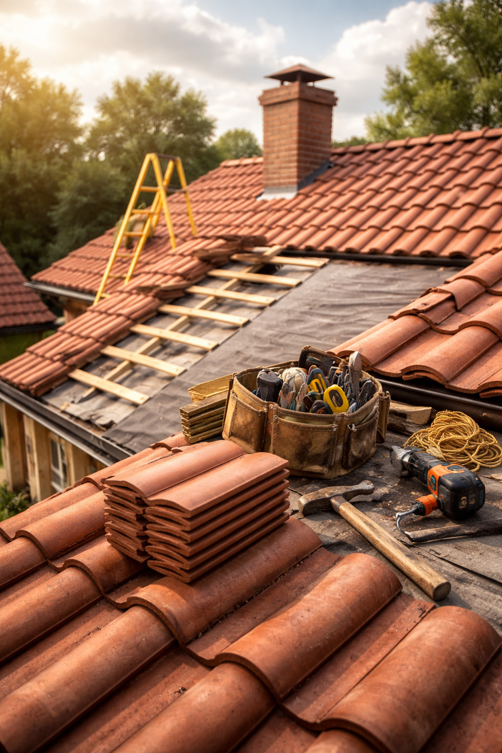 Pose de tuiles sur une maison, outils et matériaux visibles.