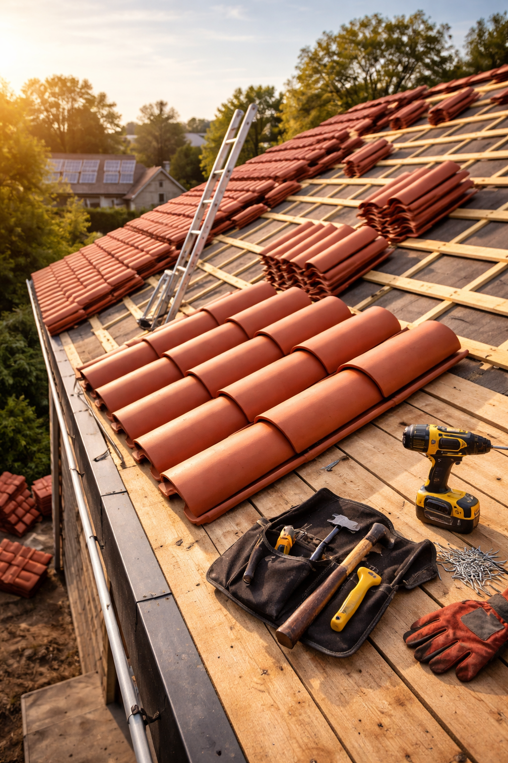 Toiture en tuiles de terre cuite empilées, échelle et outils. Travaux en cours à l'extérieur.