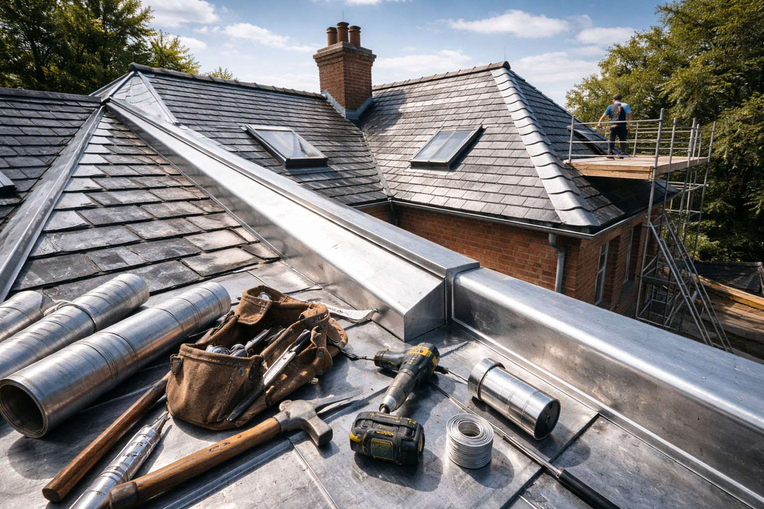 Outils de couverture sur un toit métallique, ouvrier sur un échafaudage, bâtiment en arrière-plan.