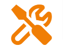 Ein orangefarbenes Symbol eines Schraubenziehers und eines Schraubenschlüssels auf weißem Hintergrund.