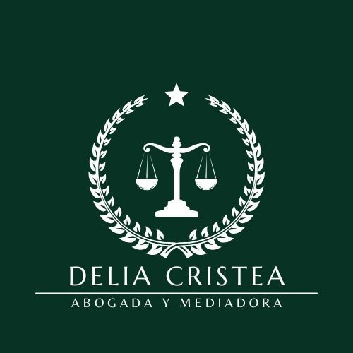 Logotipo dorado: Balanza de la justicia dentro de una corona de laurel, estrella arriba; "DELIA CRISTEA" con "ABOGADA Y MEDIADORA" debajo.