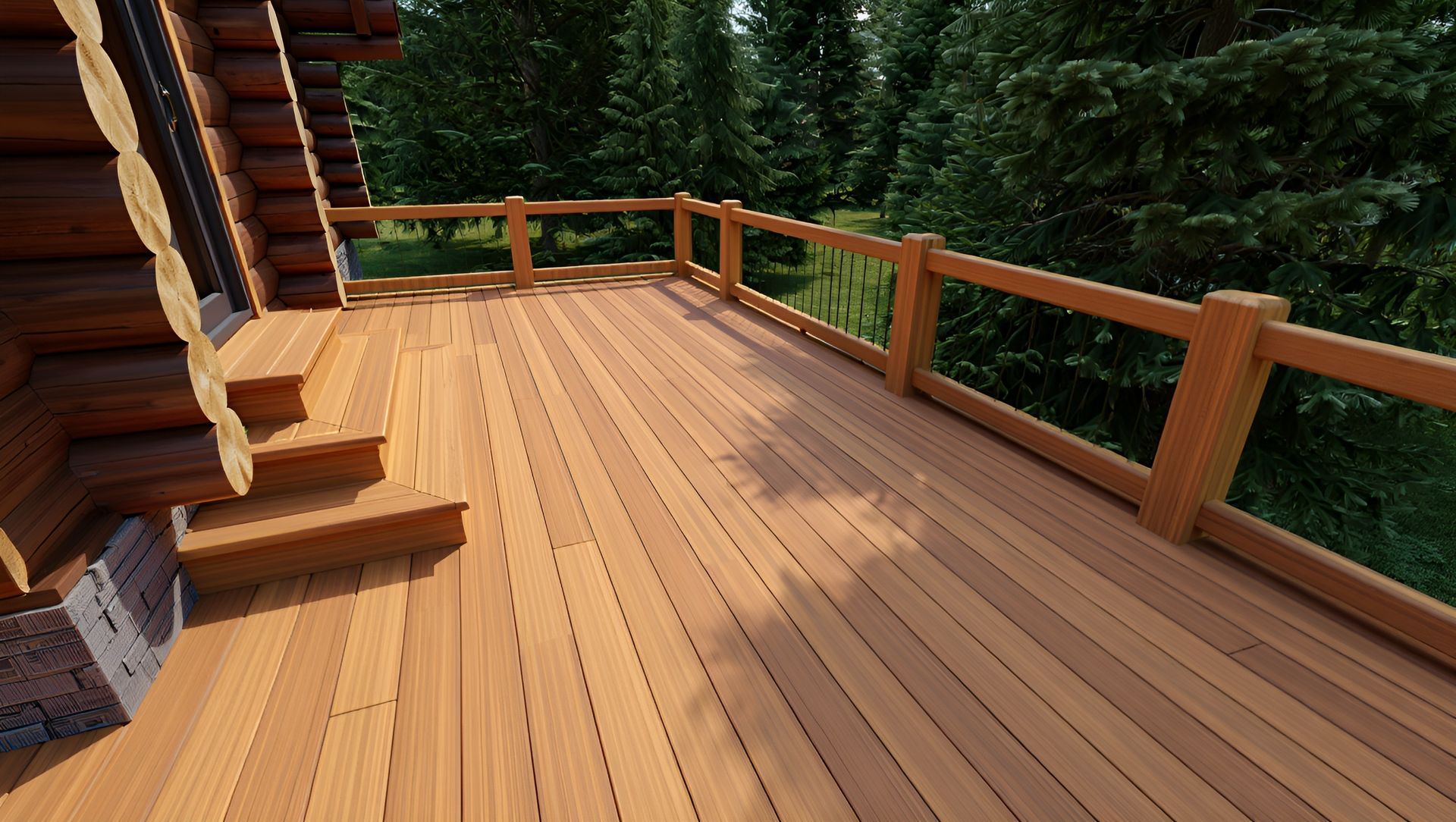 Terrasse en bois avec marches menant à une rambarde, donnant sur des arbres et une cabane en rondins.