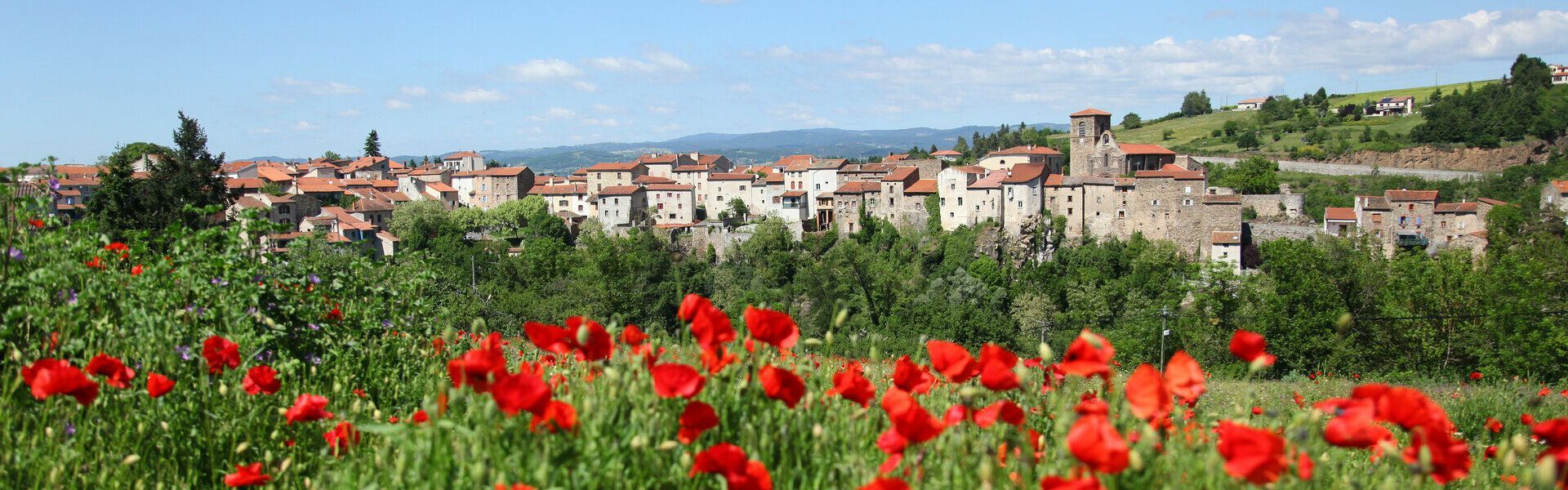 Une ville aux toits rouges et une église se détachent sur un ciel bleu, des coquelicots au premier plan.