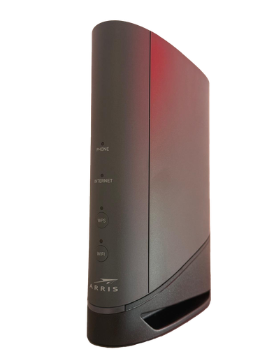 Schwarzes Arris-Kabelmodem mit Kontrollleuchten.