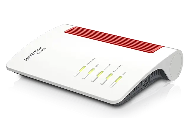 Ein Fritzbox-Router steht auf einer weißen Fläche