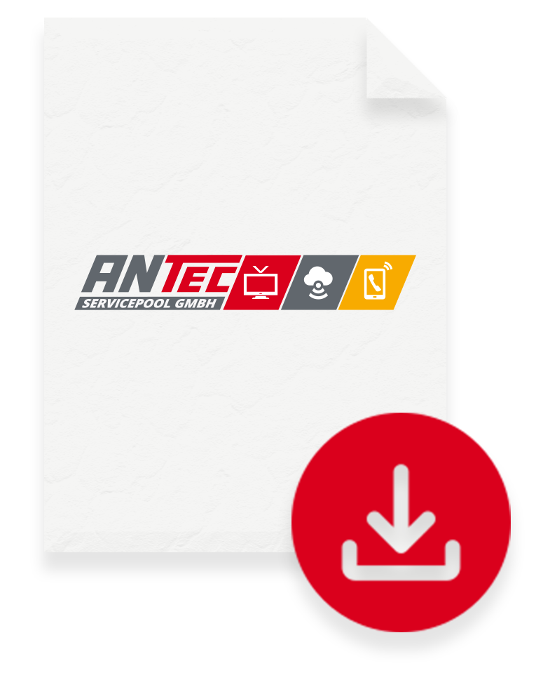 Ein weißes Blatt Papier mit dem Anteco-Logo und einem nach unten zeigenden Pfeil