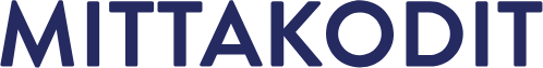 MITTAKODIT-logo tummansinisillä isoilla kirjaimilla valkoisella taustalla