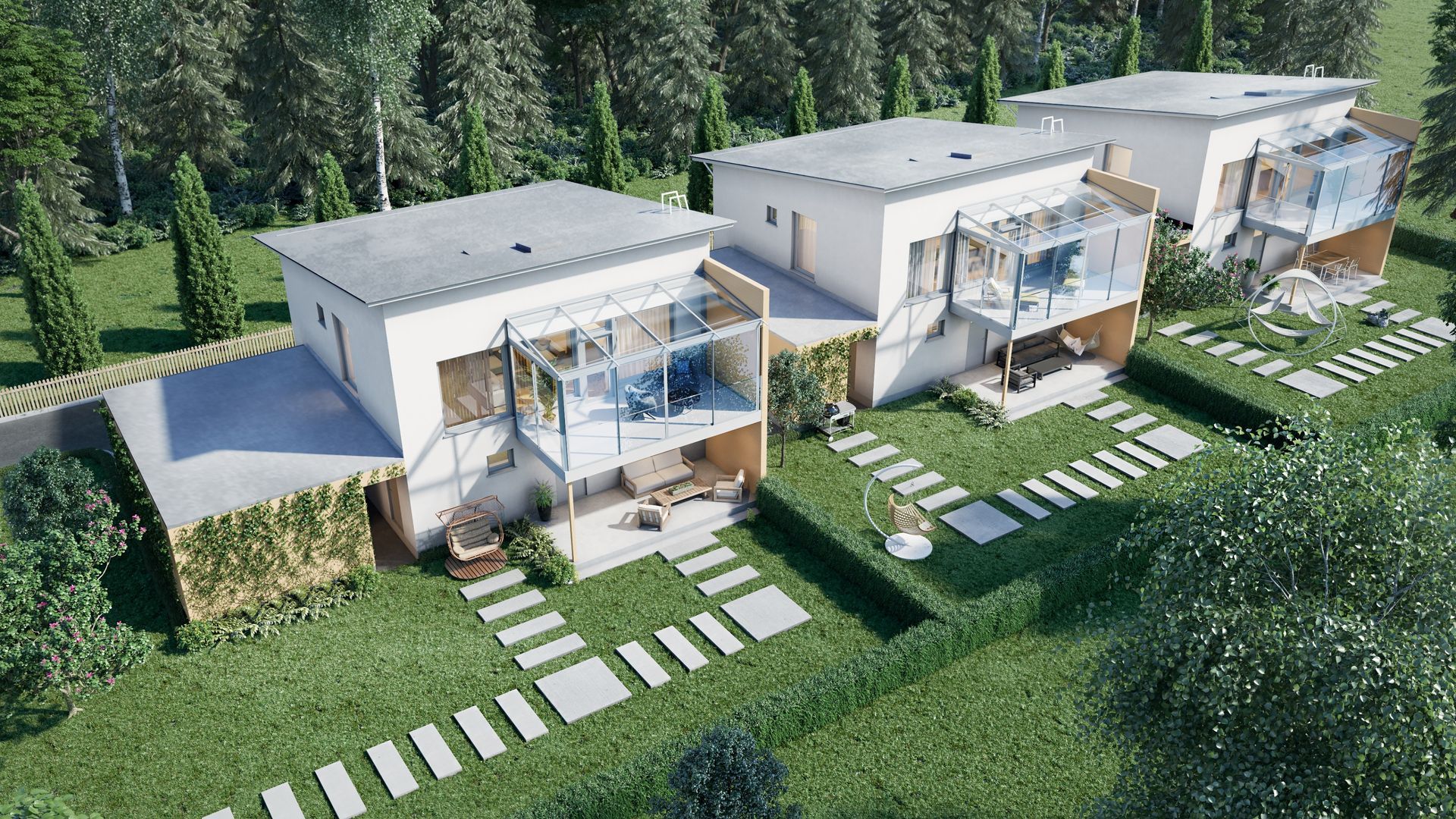 Moderneja valkoisia kerrostaloja parvekkeineen ja maisemoituine kävelyteineen vehreällä metsäalueella