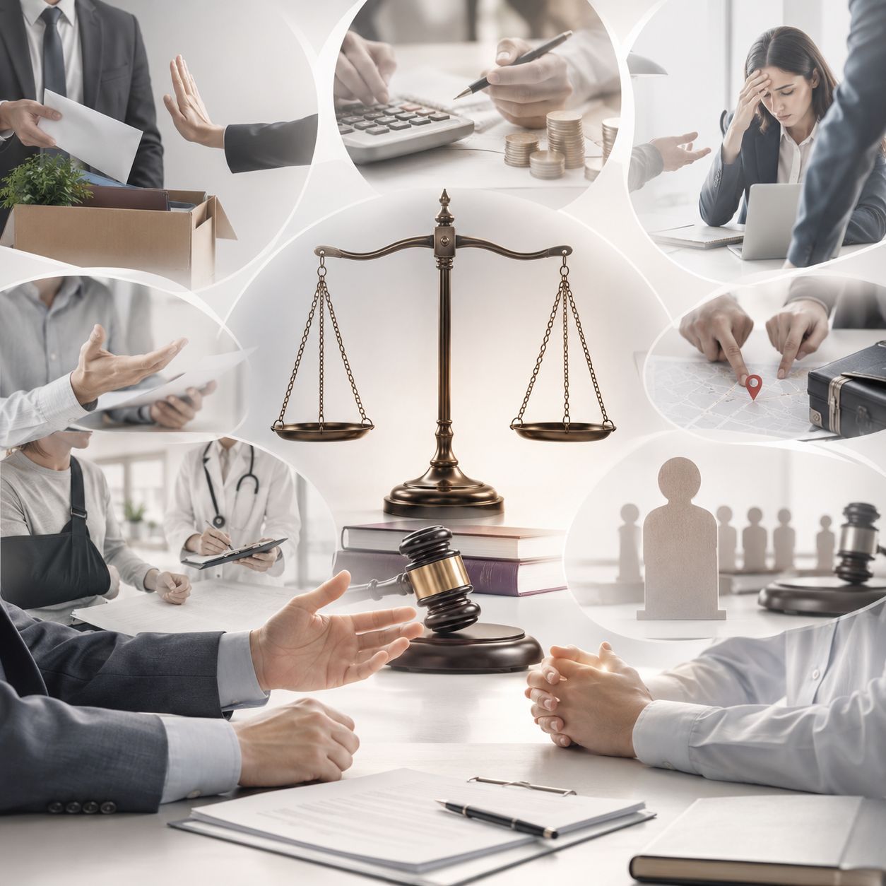 Consulta legal con balanza de la justicia, abogados y un mazo sobre un escritorio.