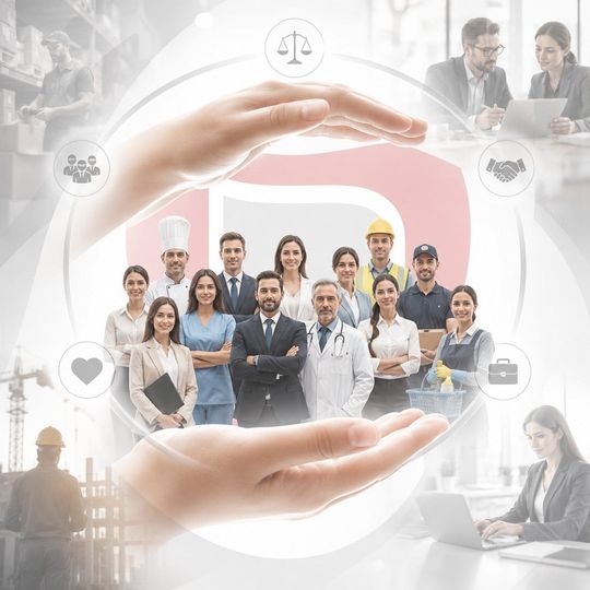 El equipo de negocios se reunió bajo medidas de protección, con gráficos de oficina suaves y un fondo circular rojo.