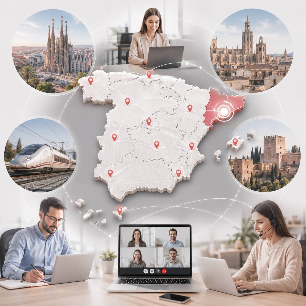 Reunión por videoconferencia a través de un mapa de España con los lugares emblemáticos de las ciudades.