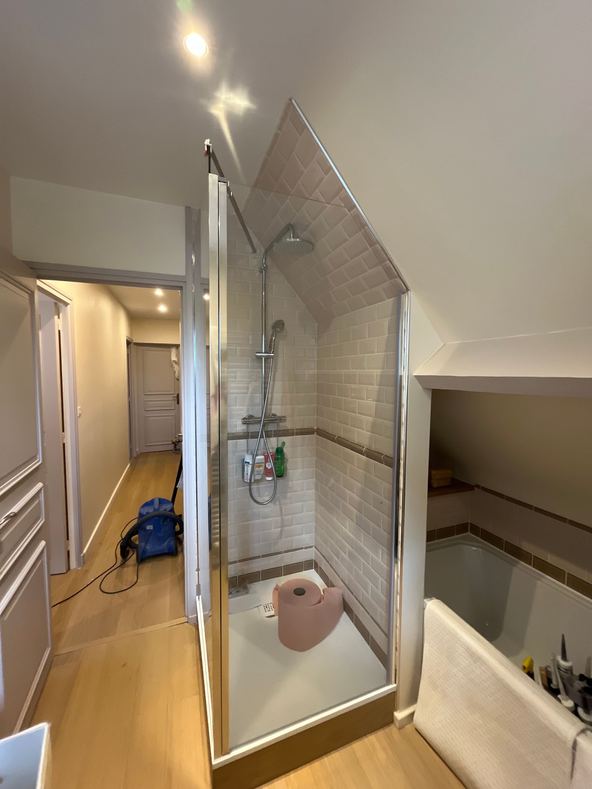 Salle de bains avec douche en verre, toilettes et plafond mansardé, à côté d'un couloir étroit avec un sac bleu.