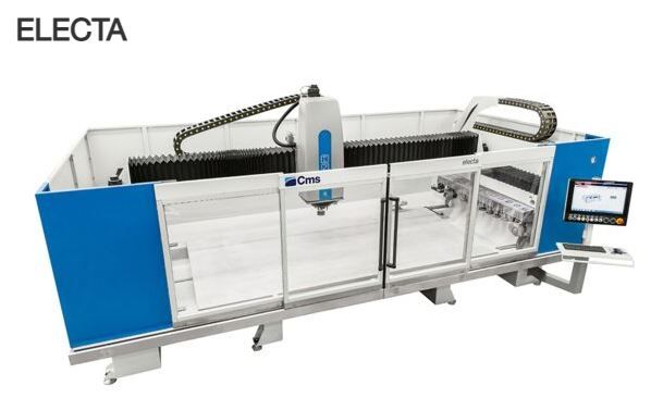 Máquina CNC industrial azul e branca, ELECTA, com painéis de proteção e painel de controle.