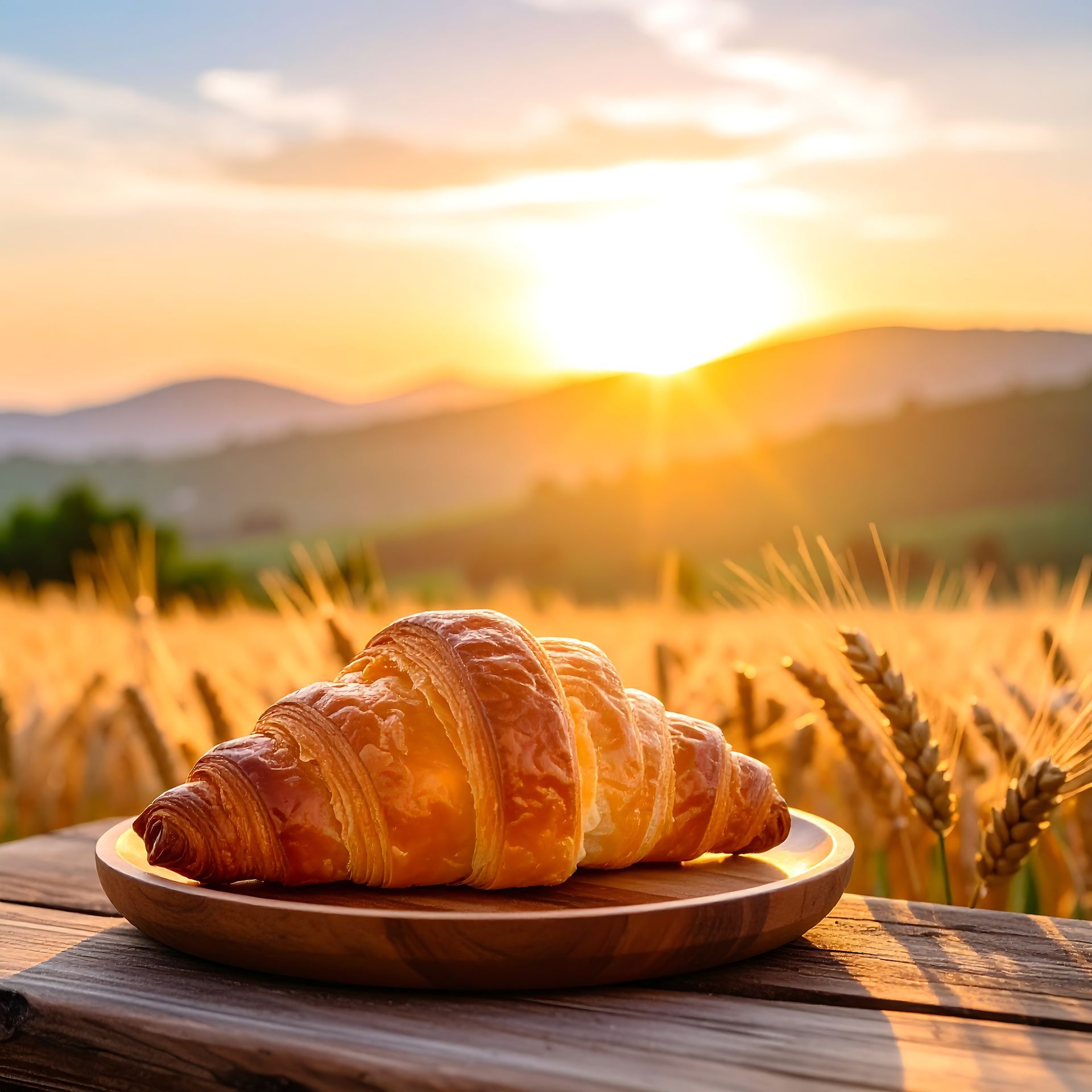 Croissant sur une assiette en bois, soleil doré sur un champ de blé et des collines ondulantes.