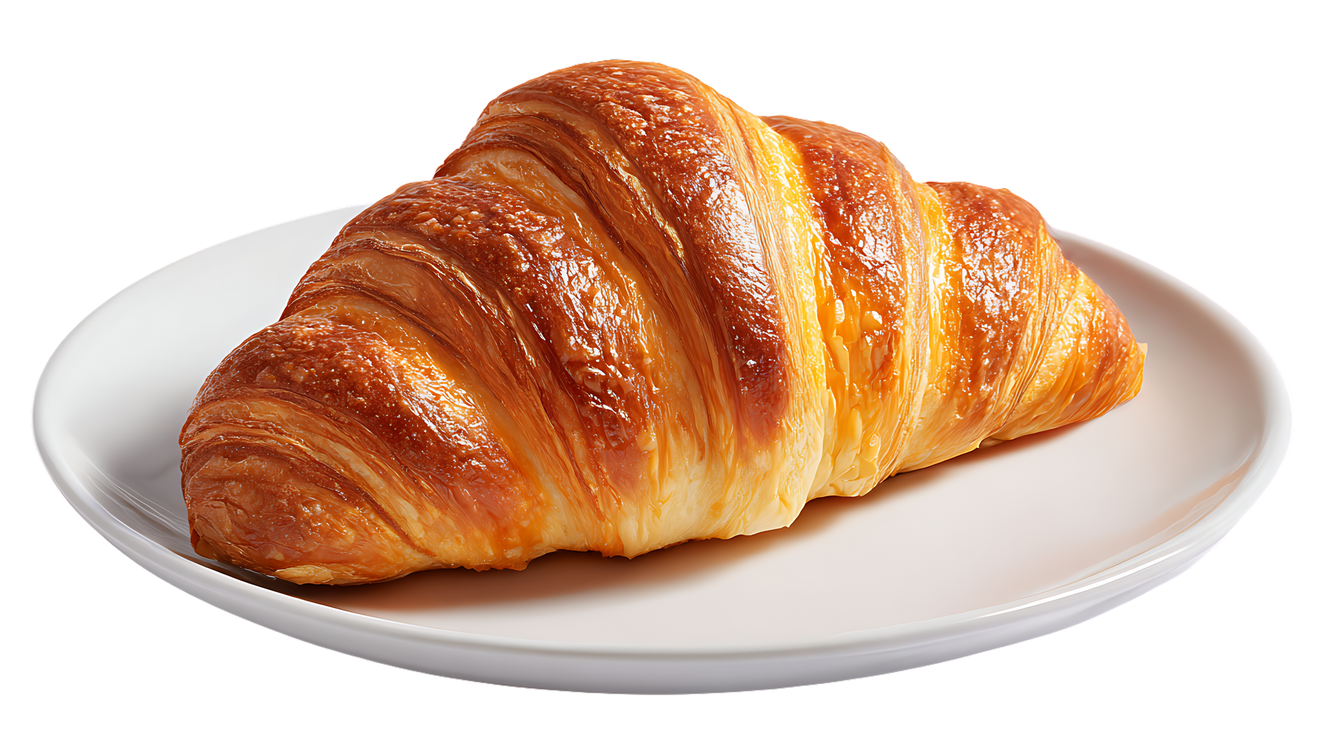 Croissant doré et feuilleté sur une assiette blanche.