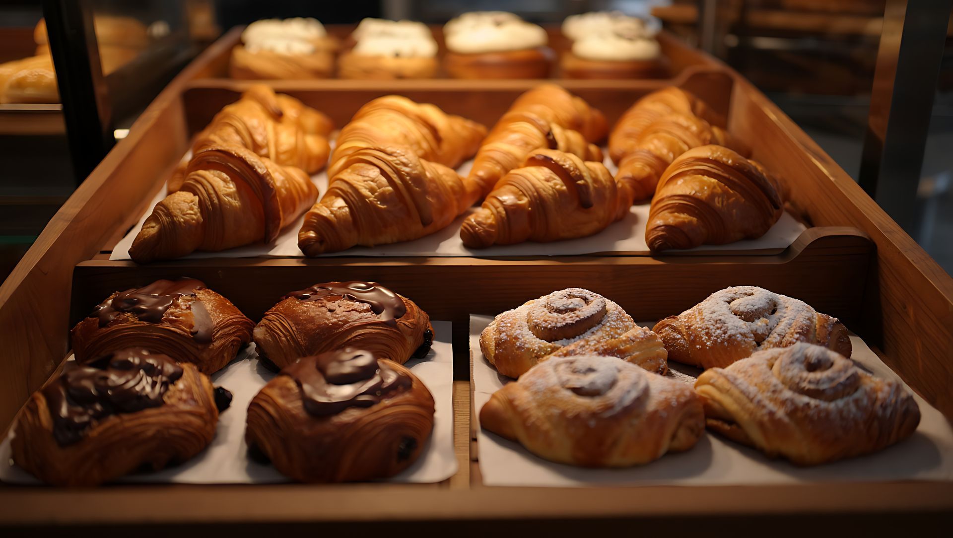 Pâtisseries dans une vitrine en bois : croissants, brioches à la cannelle et autres produits de boulangerie.