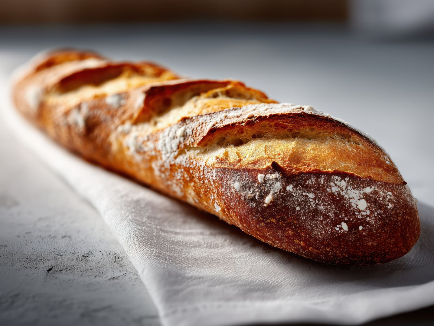 Une baguette croustillante est posée sur une serviette en lin blanc. Le pain est doré et saupoudré de farine.