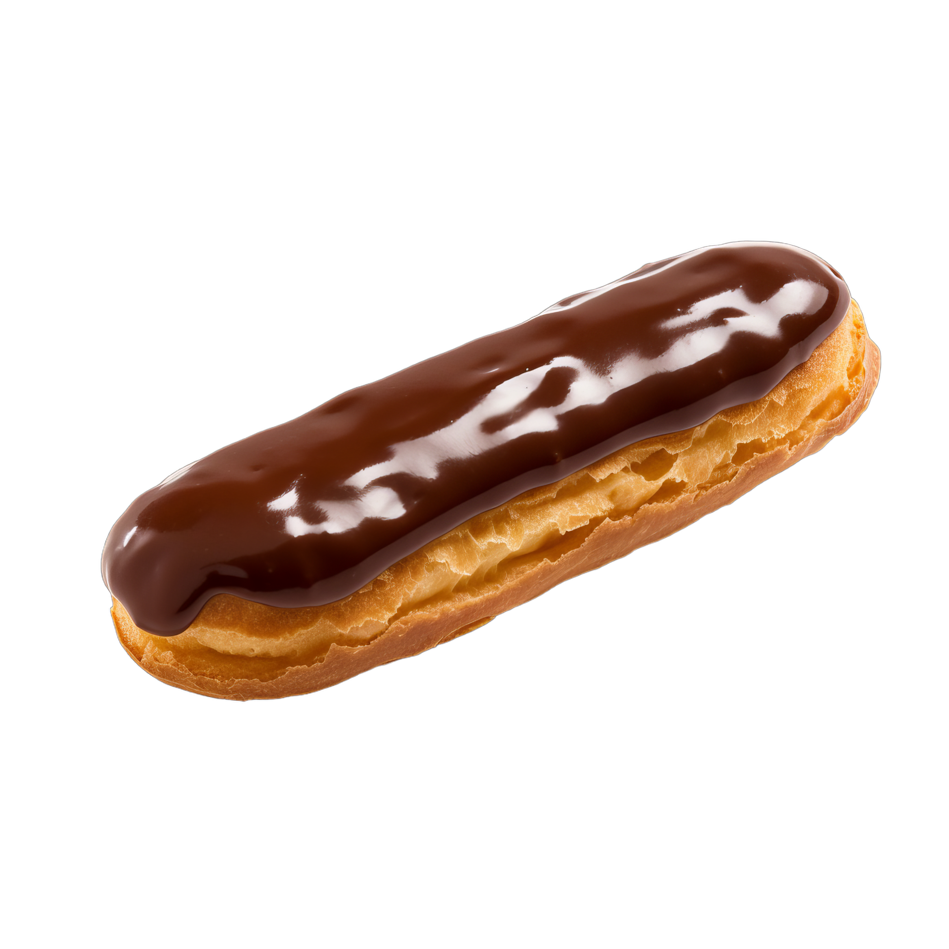 Éclair enrobé de chocolat sur fond blanc.