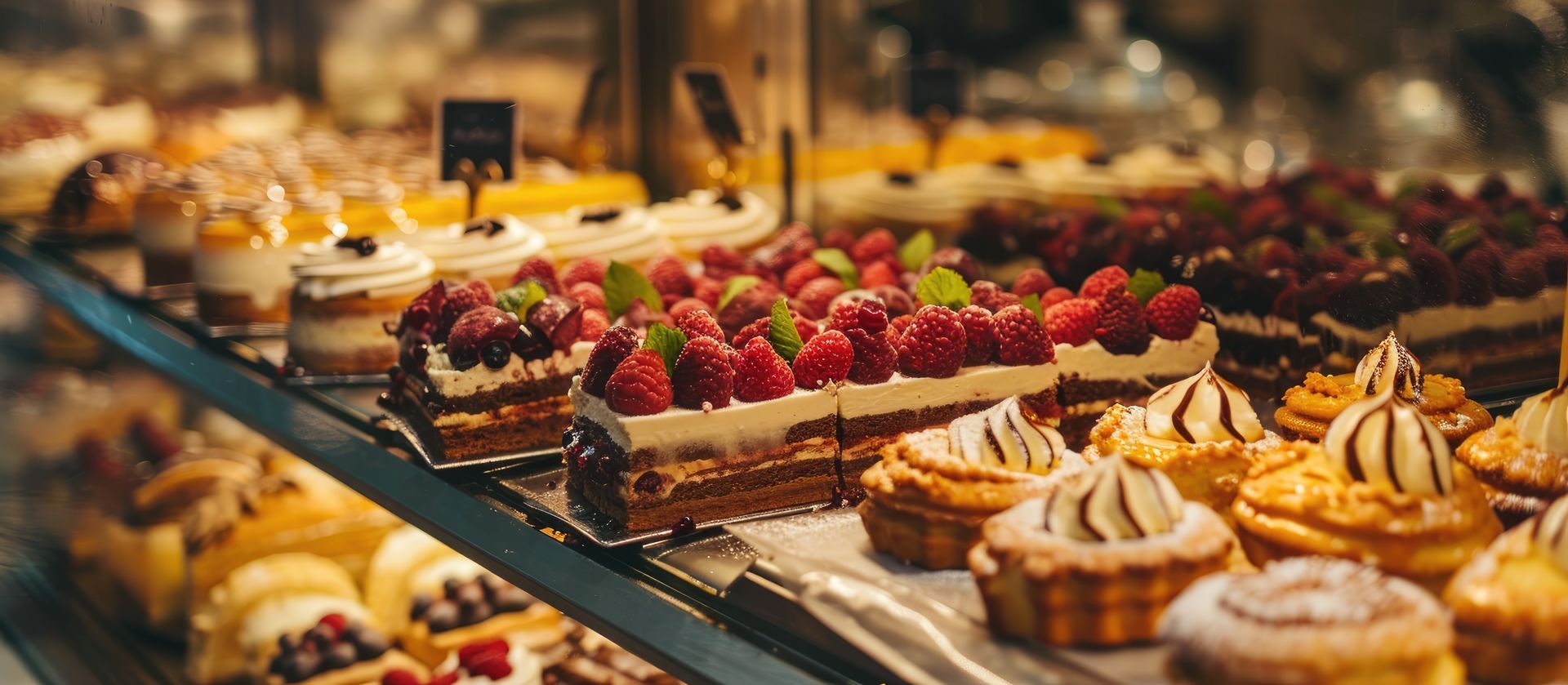Vitrine de boulangerie avec diverses pâtisseries, dont des gâteaux et tartes aux framboises.