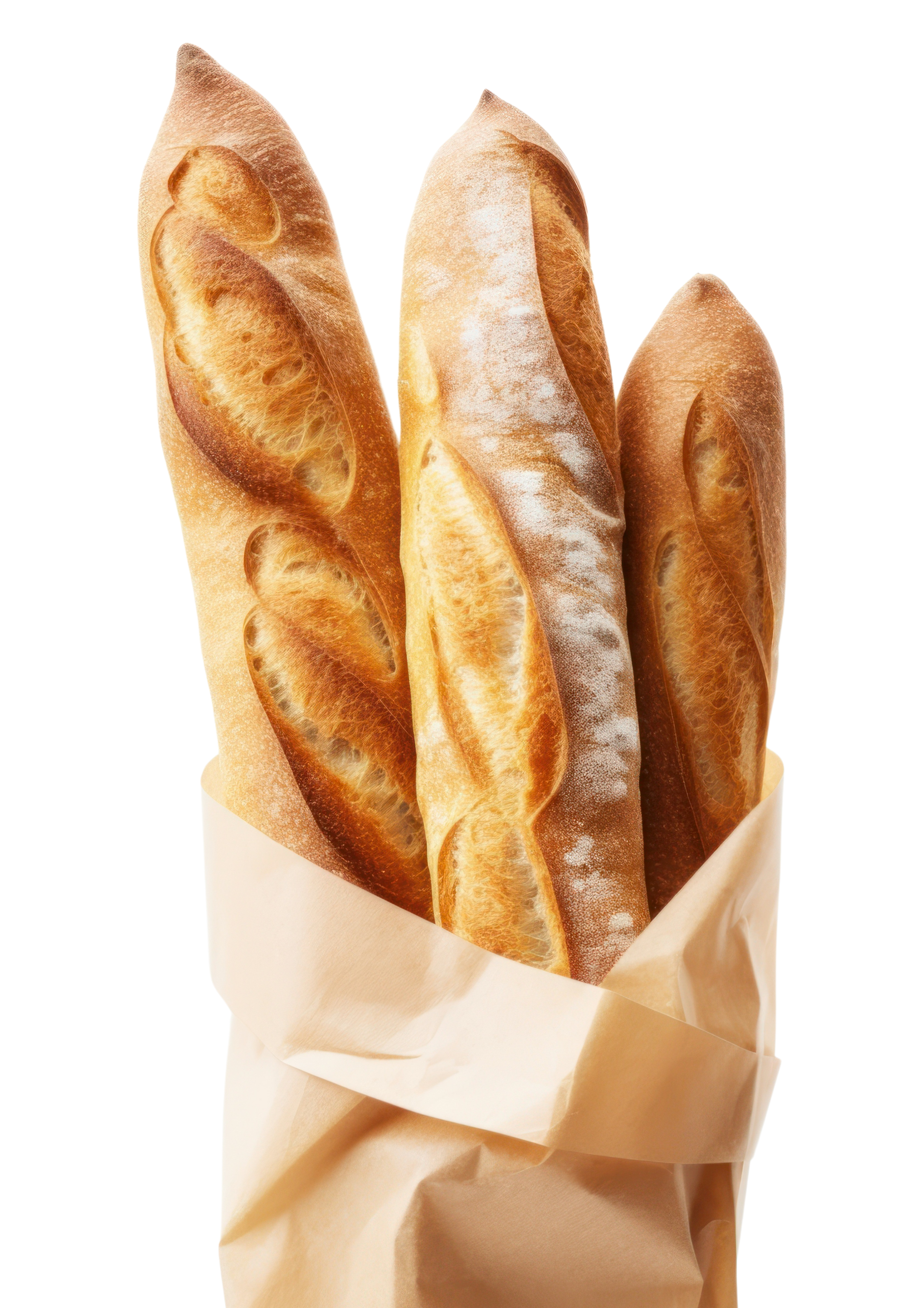 Trois baguettes dans un sac en papier brun ; croûte dorée, intérieur blanc cassé.