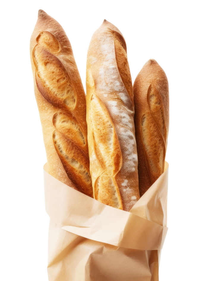 Trois baguettes dans un sac en papier brun ; croûte dorée, intérieur blanc cassé.