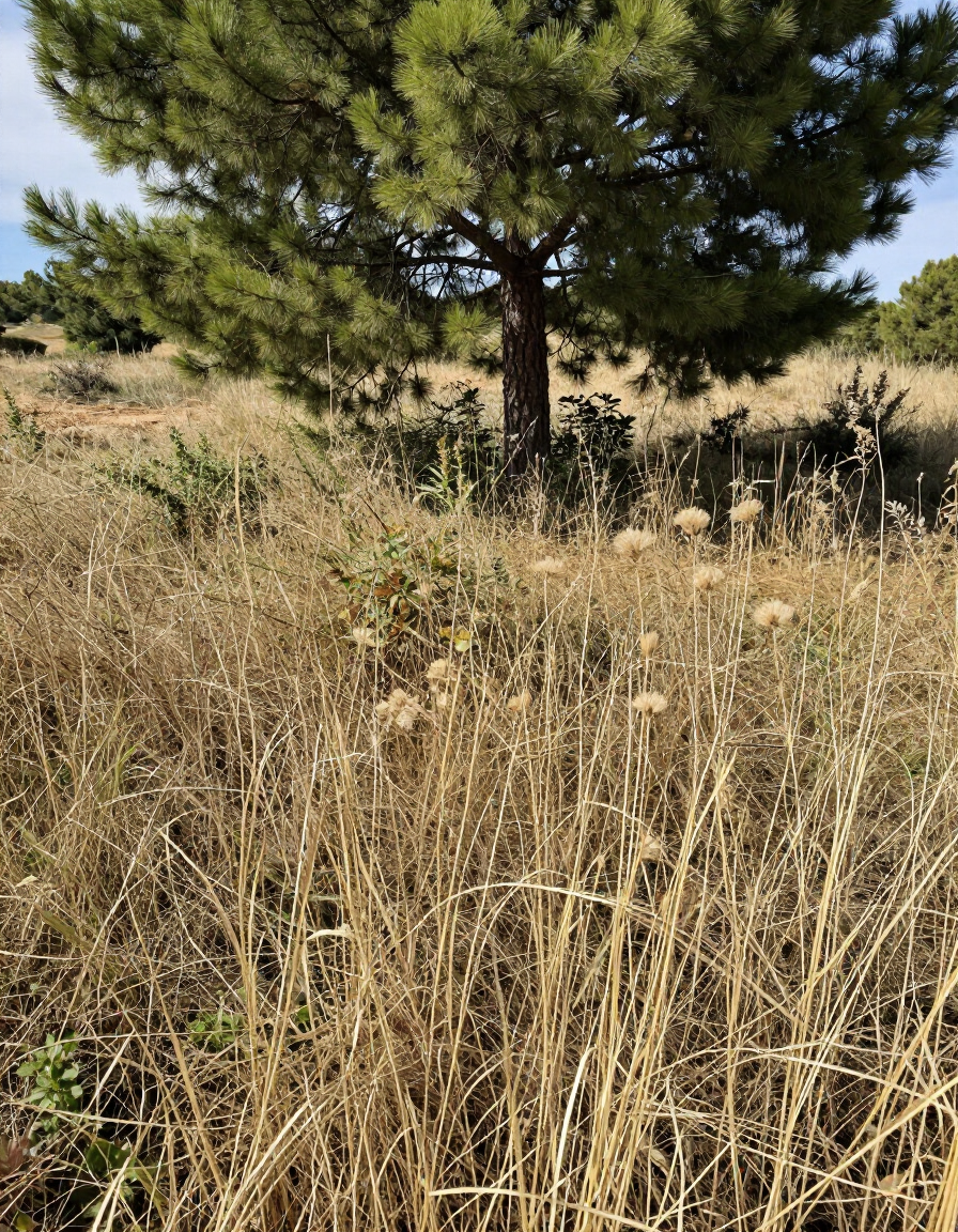 Parcela con maleza y hierba alta antes del desbroce en Corbera de Llobregat