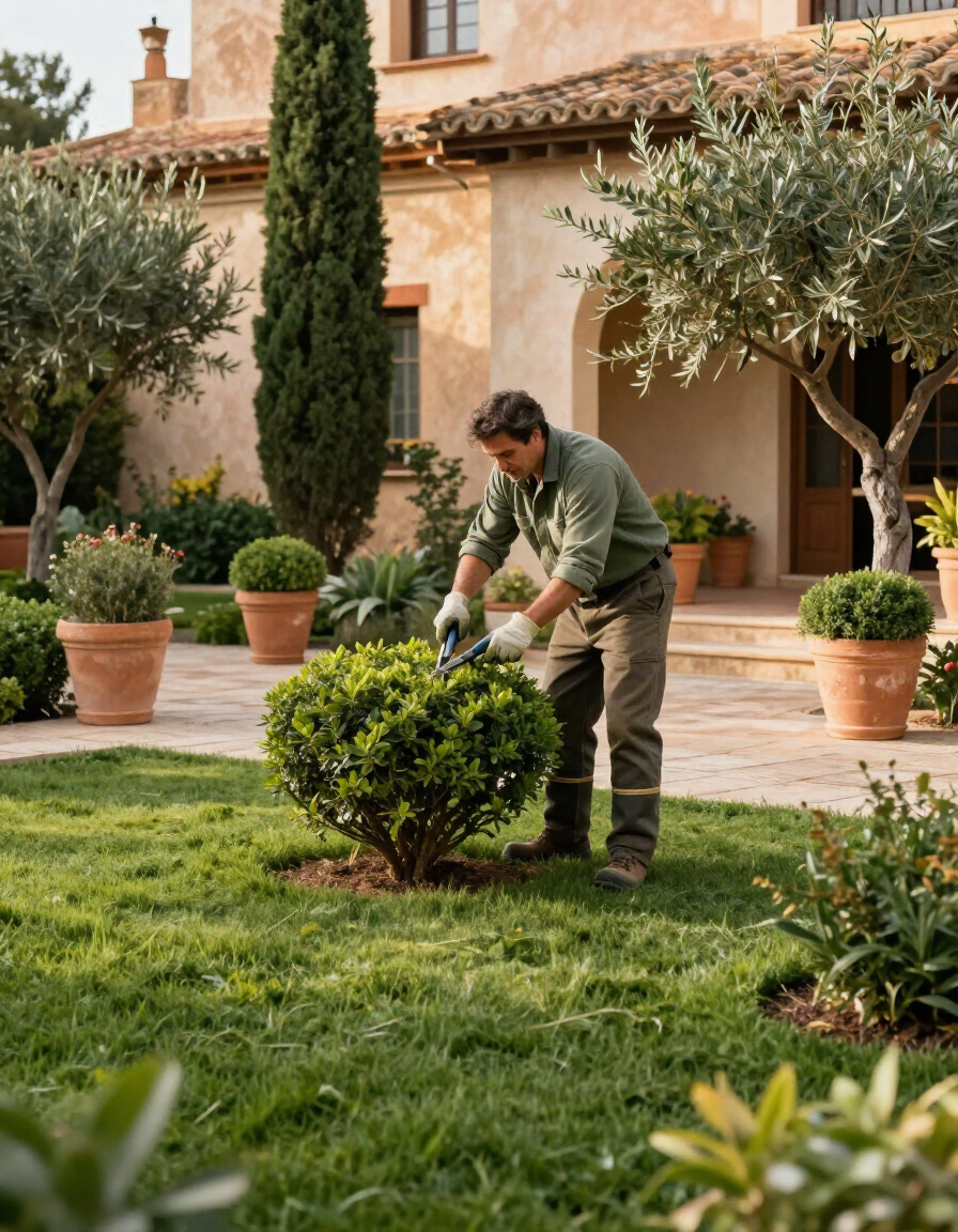 Jardinero profesional cuidando el césped y los arbustos de un jardín en Corbera de Llobregat