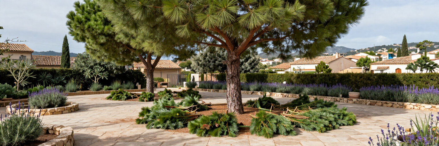 Ramas de pino podadas y jardín ordenado tras el mantenimiento