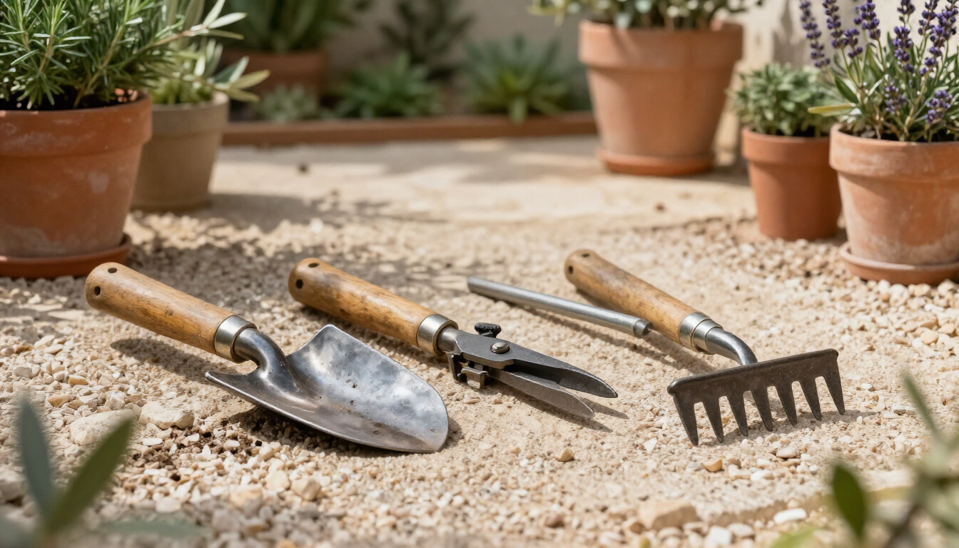 Herramientas de jardinería sobre un camino de grava