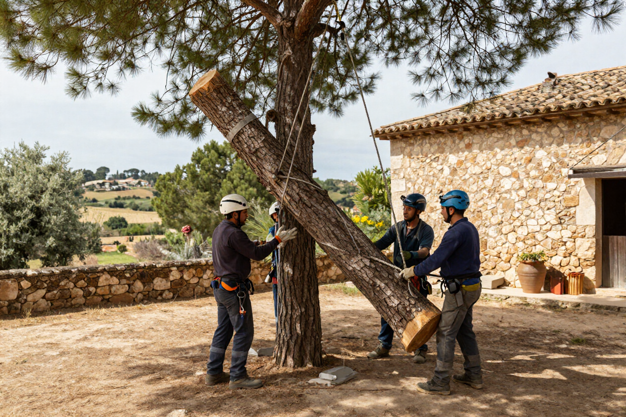 Tronco de pino retirado con cuerdas de forma controlada en una finca de Corbera de Llobregat