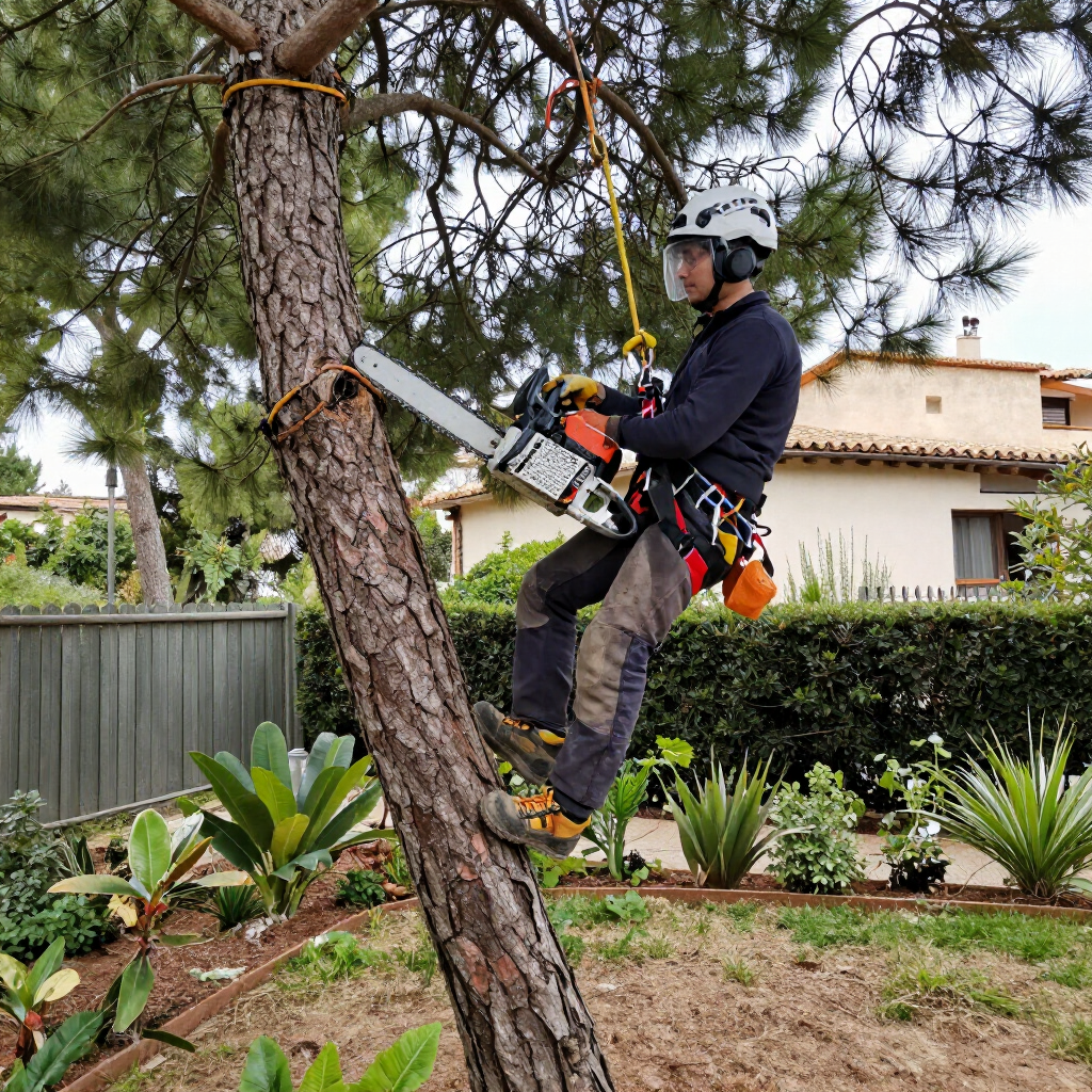 Arborista profesional talando un pino con equipo de seguridad en un jardín residencial de Corbera de Llobregat