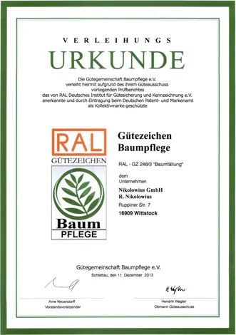 Eine Verleihungsurkunde für Gütezeichen Baumpflege