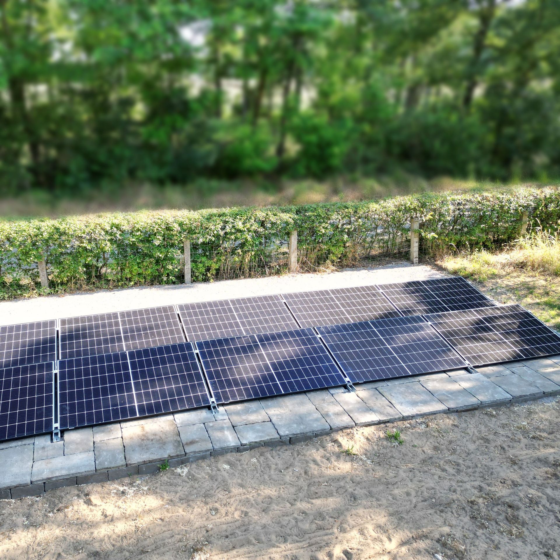 Auf einer Ziegelfläche vor einer grünen Hecke und Bäumen installierte Solarmodule.