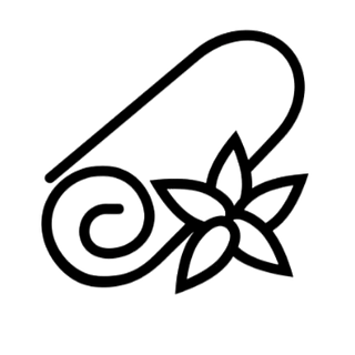 Un sencillo icono en blanco y negro que muestra una esterilla de yoga enrollada con una flor colocada al lado.